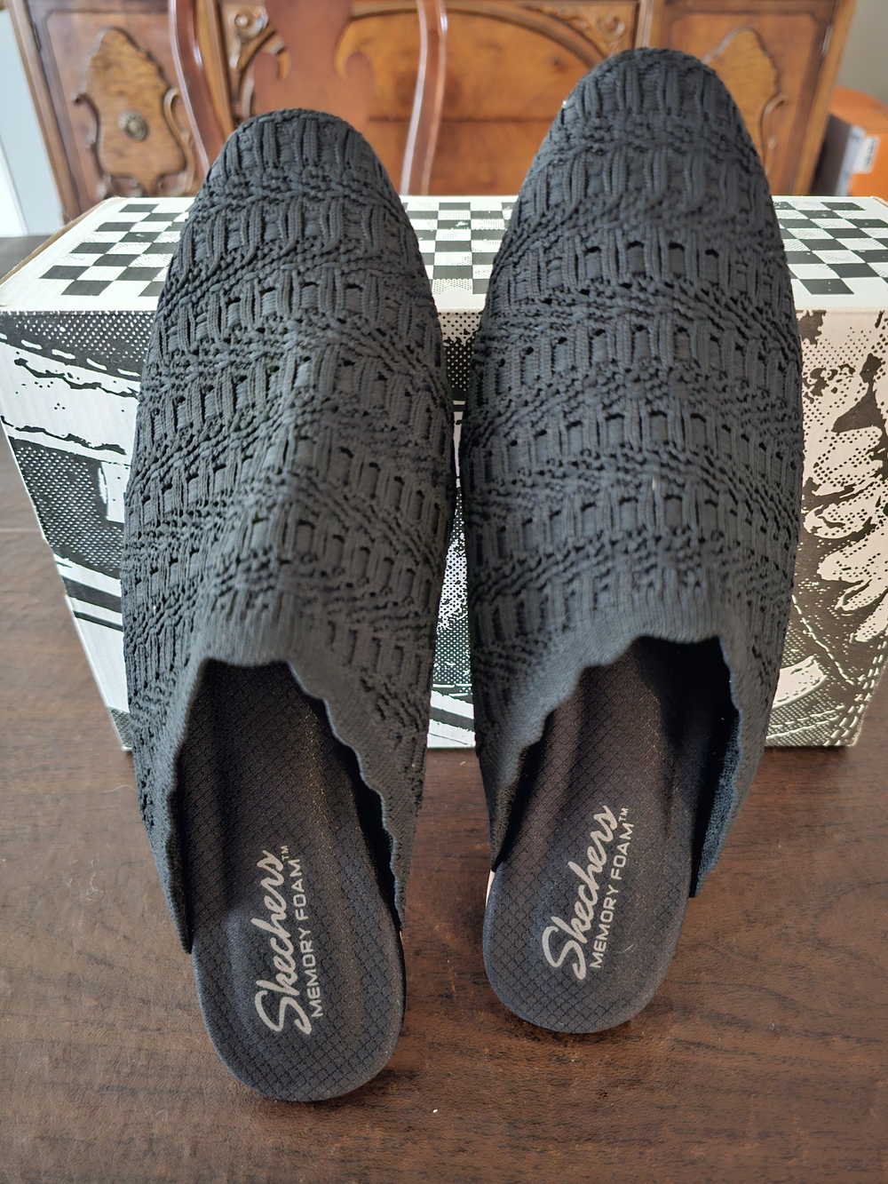 Skechers Memory Foam Black Knit Slip-On Clogs